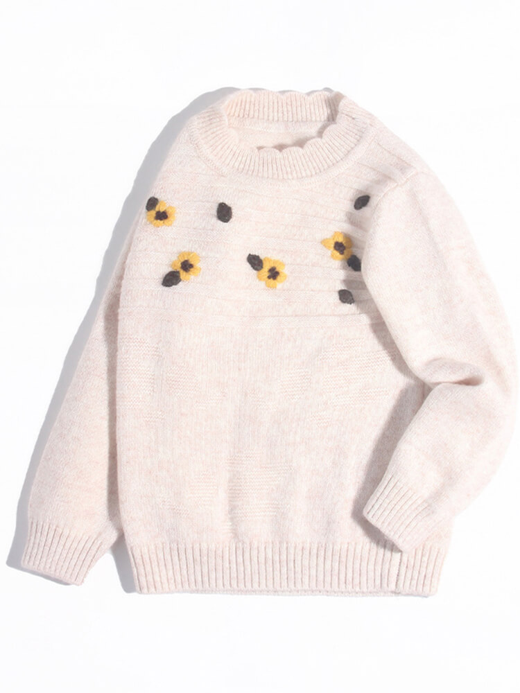 (image for) Kids Light Beige Cashmere Sweater with Yellow Floral Embroidery